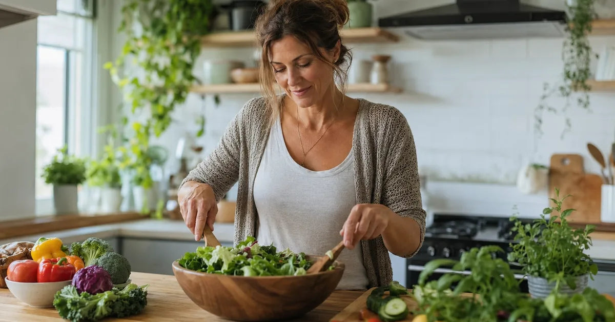 Woman preparing a healthy meal while managing perimenopause belly fat weight gain