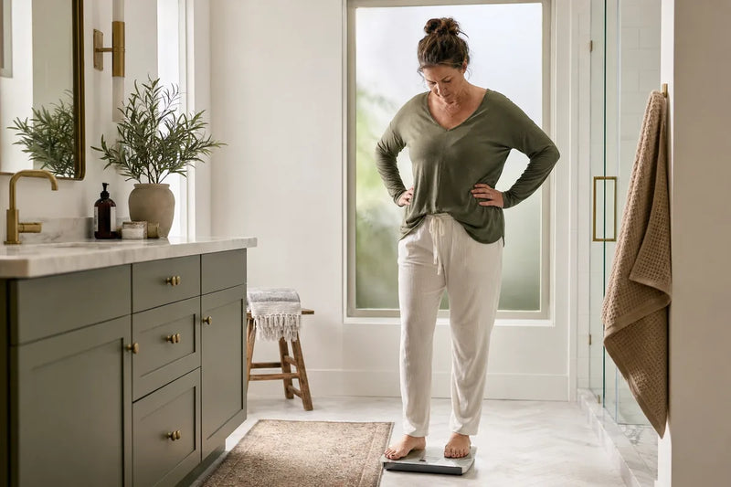 Woman standing on a scale feeling frustrated by perimenopause weight gain