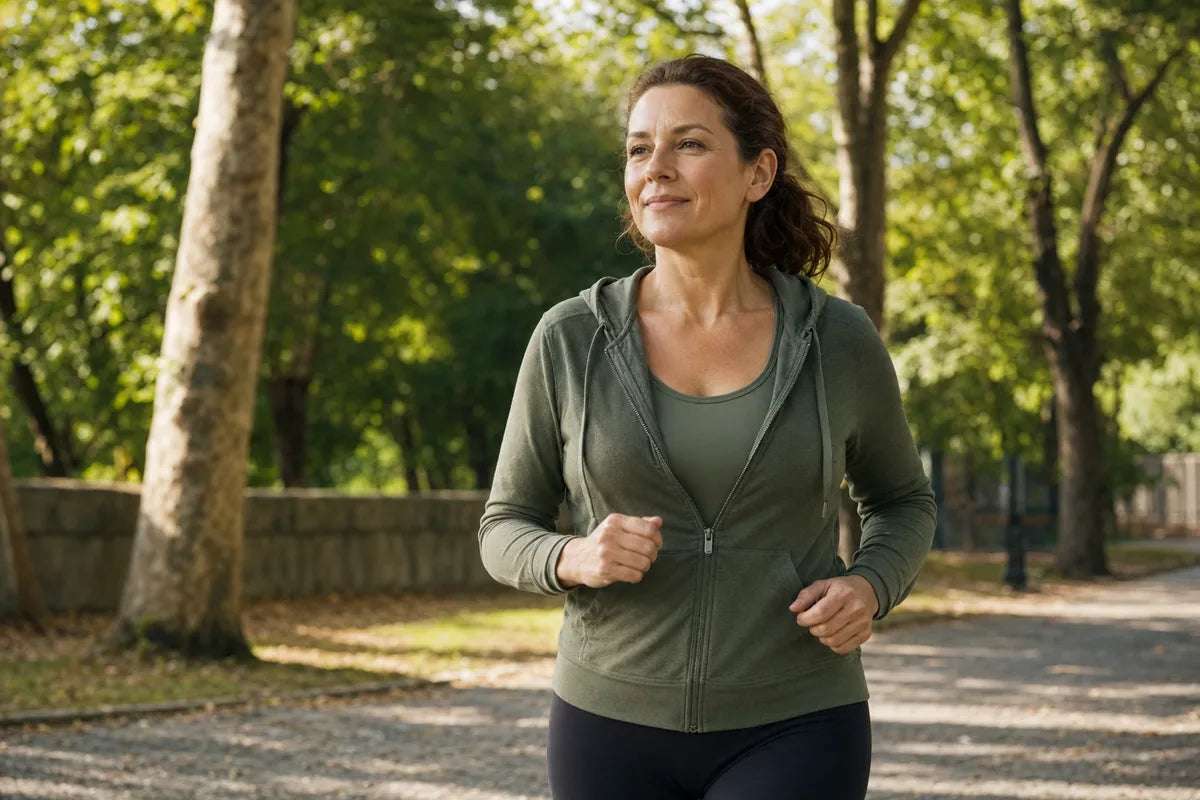 Woman walking in nature — moderate movement is one of the most evidence-based cortisol management strategies