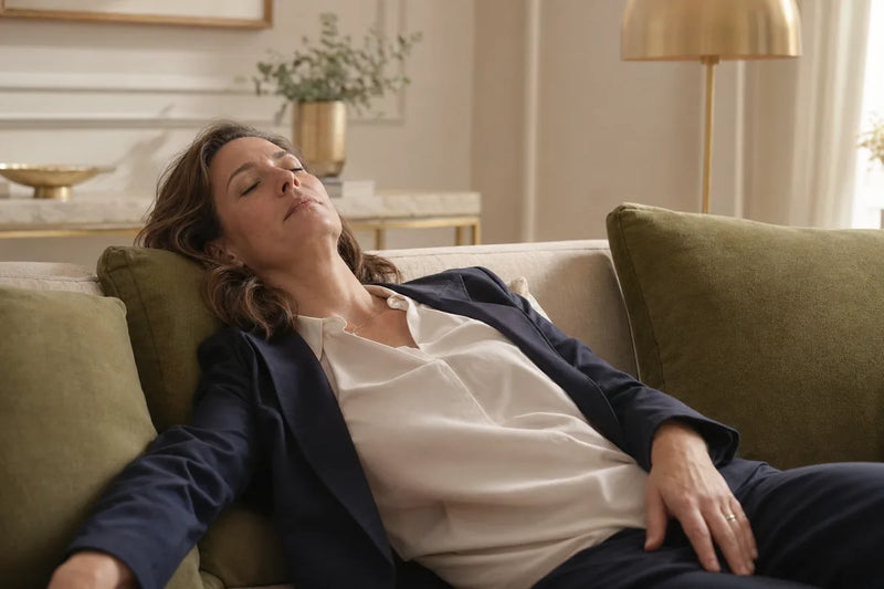Woman slumped over her desk in the afternoon, exhausted from perimenopause fatigue