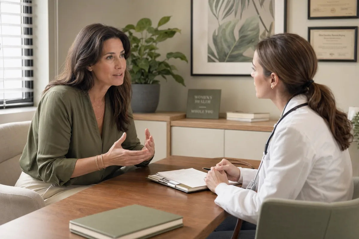 Woman discussing hot flash triggers with healthcare provider during perimenopause appointment