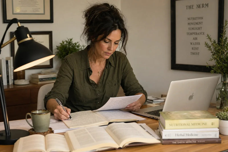 Researcher reviewing clinical studies on black cohosh for perimenopause hot flash relief