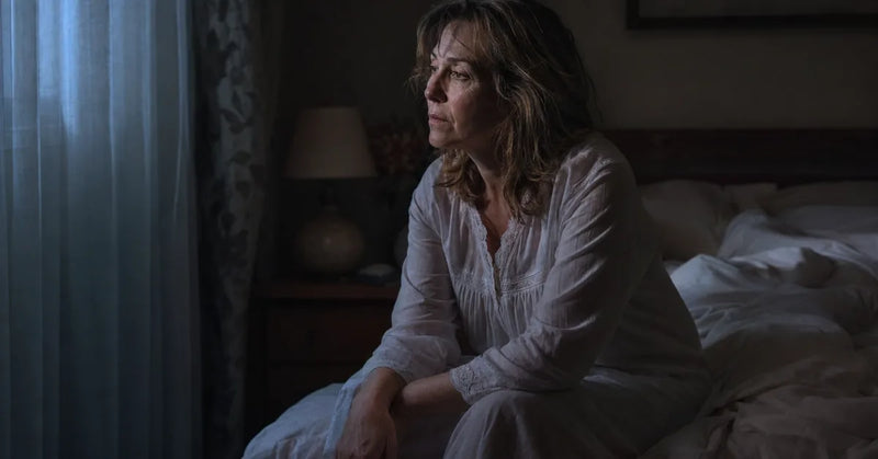 Woman awake at night during perimenopause, experiencing insomnia and sleep disruption