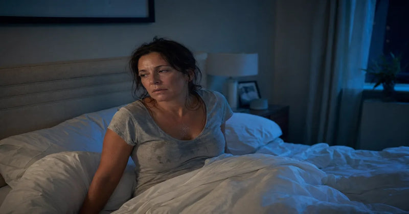 Woman waking at night with night sweats during perimenopause, damp sheets, dim blue light