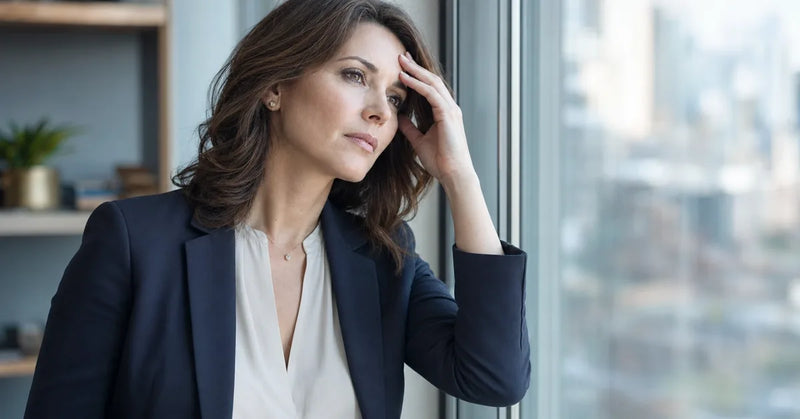 Woman struggling to concentrate at her desk experiencing perimenopause brain fog