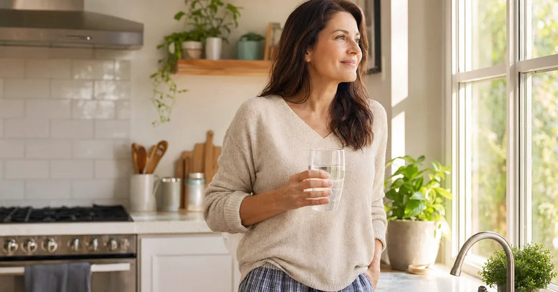 Woman in kitchen morning after disrupted night from hot flashes and night sweats during perimenopause