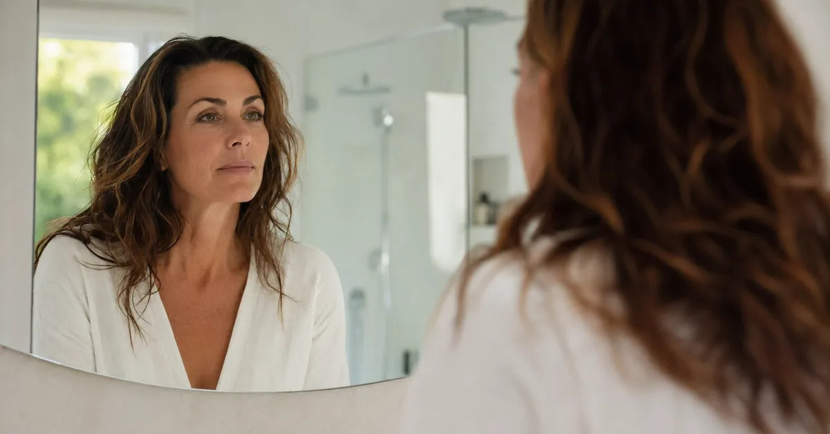Woman in her 40s looking in the bathroom mirror, recognizing early perimenopause symptoms