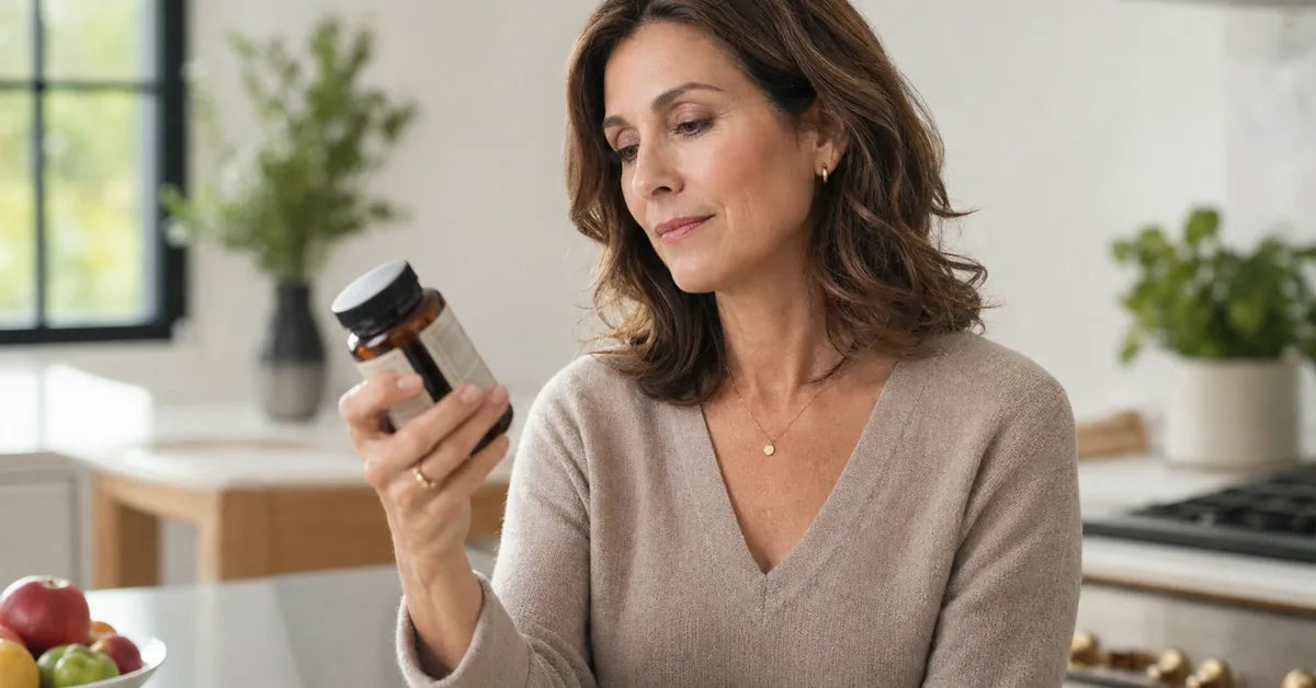 Woman reading supplement label carefully to evaluate menopause weight management products