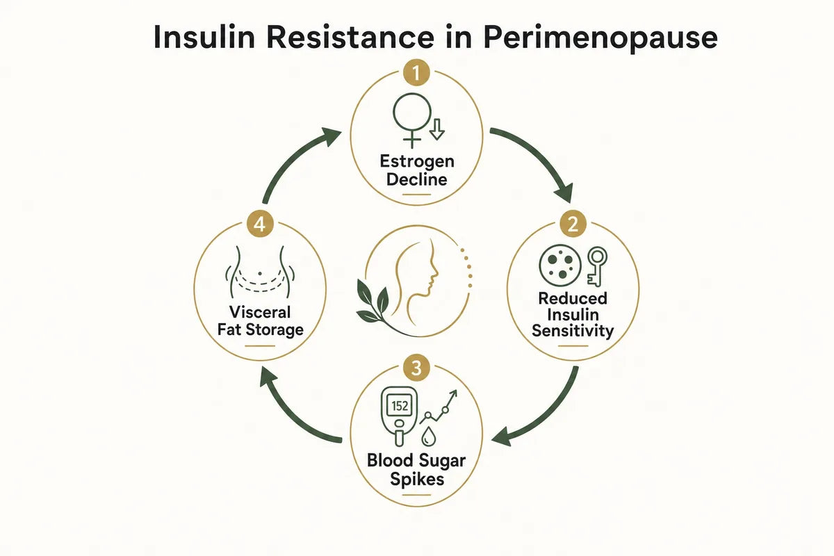 Diagram showing the insulin resistance cycle and visceral fat storage in perimenopause