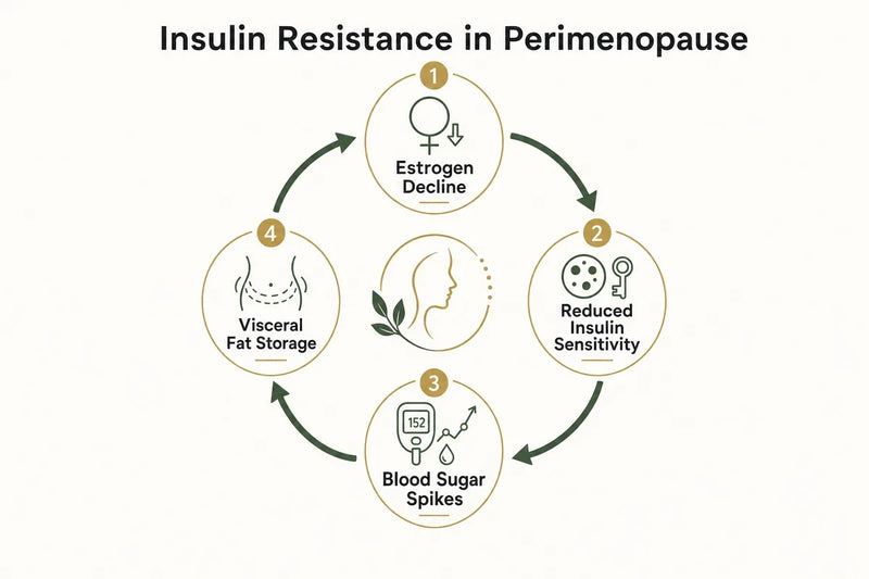 Diagram showing the insulin resistance cycle and visceral fat storage in perimenopause