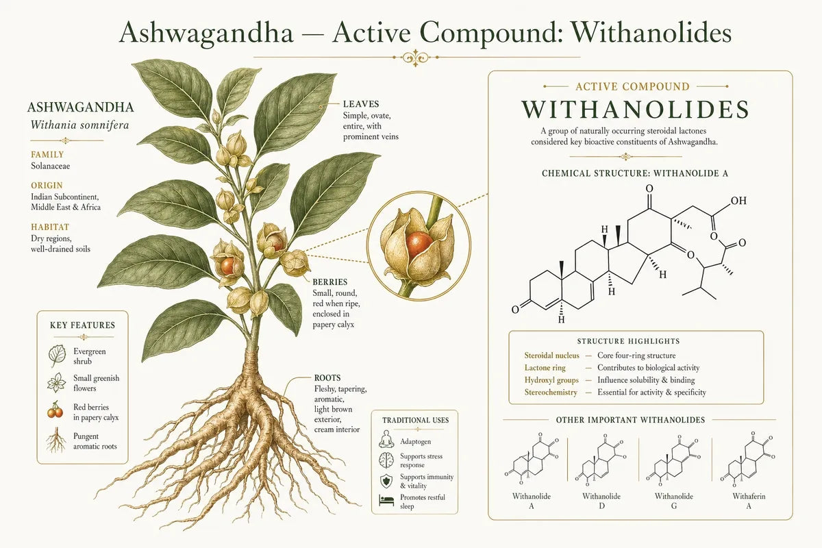 Botanical illustration of ashwagandha (Withania somnifera) root showing withanolide-rich compounds