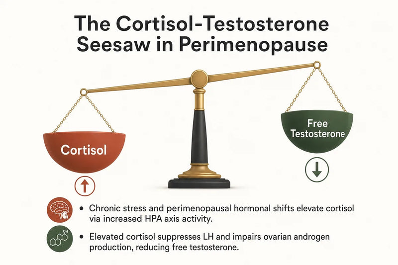 Cortisol-testosterone seesaw diagram explaining how stress suppresses female libido in perimenopause