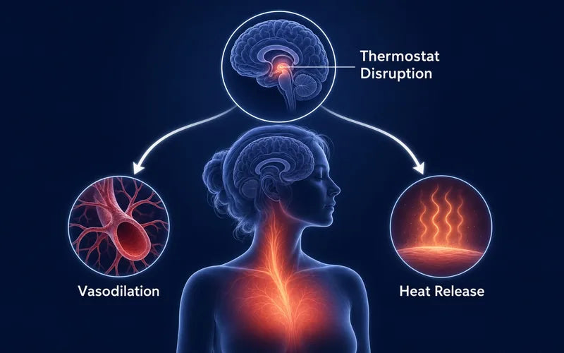 Diagram of hot flash mechanism showing hypothalamus thermoregulation disruption in perimenopause
