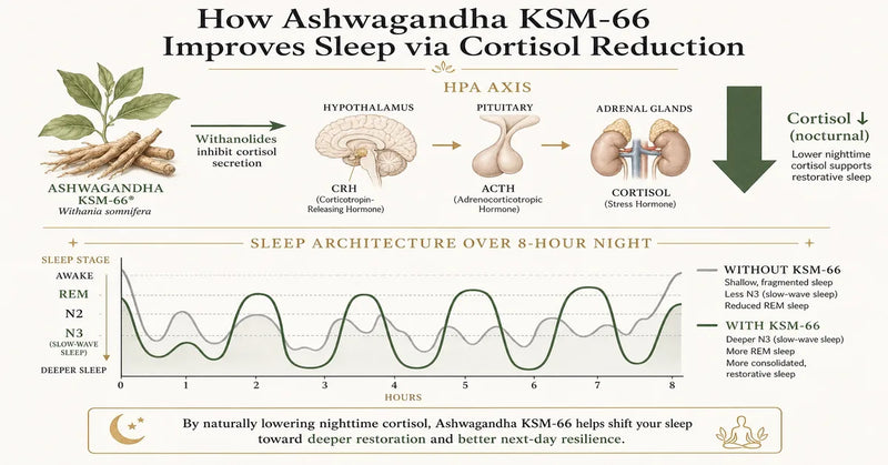Ashwagandha KSM-66 cortisol reduction pathway and sleep improvement mechanism diagram