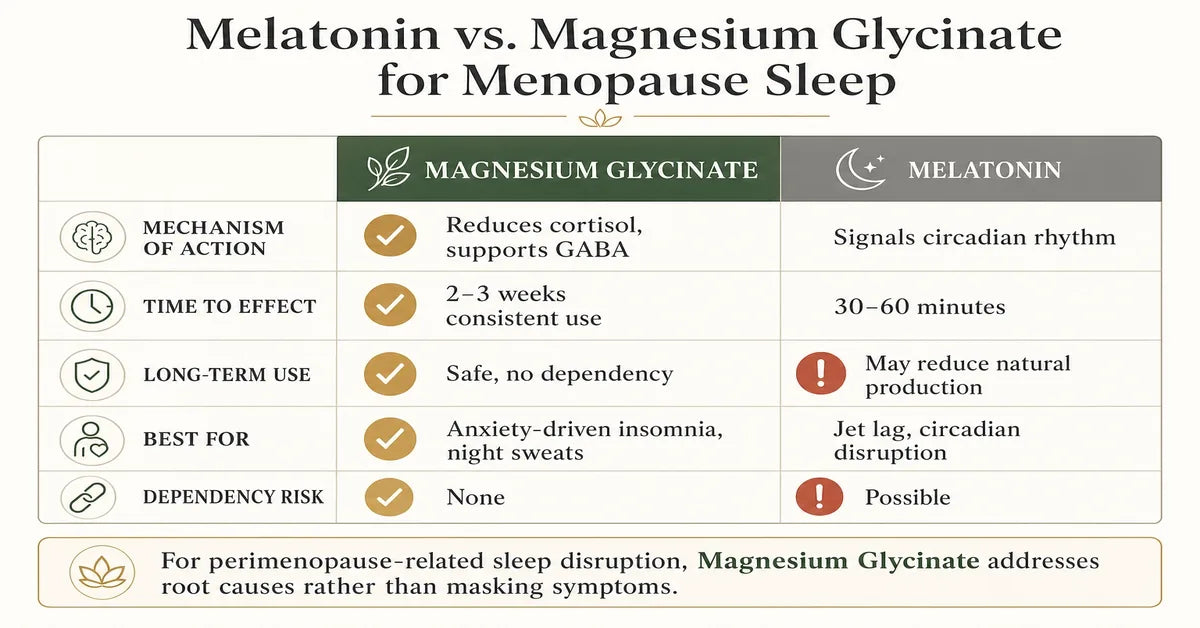 Comparison chart melatonin vs magnesium glycinate for menopause sleep: mechanism, efficacy, long-term use