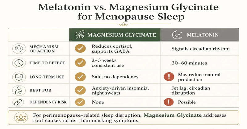 Comparison chart melatonin vs magnesium glycinate for menopause sleep: mechanism, efficacy, long-term use