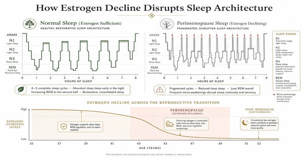 Sleep architecture stages chart showing REM and deep NREM disruption from estrogen decline in perimenopause