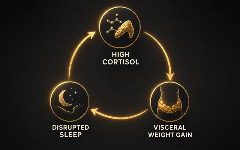 Triangle diagram showing the cortisol-sleep-weight gain vicious cycle in perimenopause