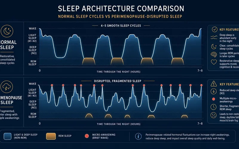 Sleep architecture diagram showing how night hot flashes disrupt restorative sleep stages