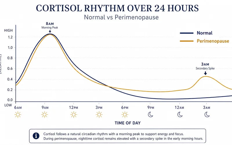 Diagram showing disrupted cortisol circadian rhythm causing 3AM wake-ups during perimenopause