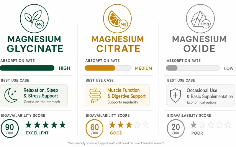 Comparison chart of magnesium forms showing bioavailability differences for perimenopause