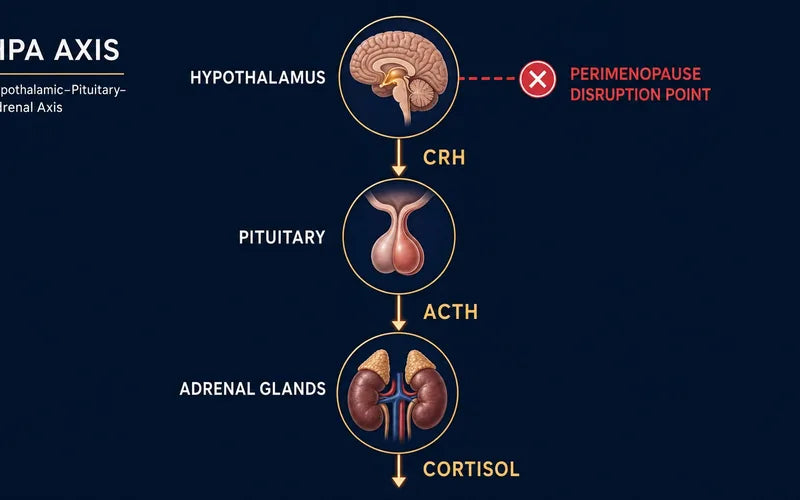 HPA axis diagram explaining the stress response and cortisol feedback loop causing 3AM wake-ups in perimenopause